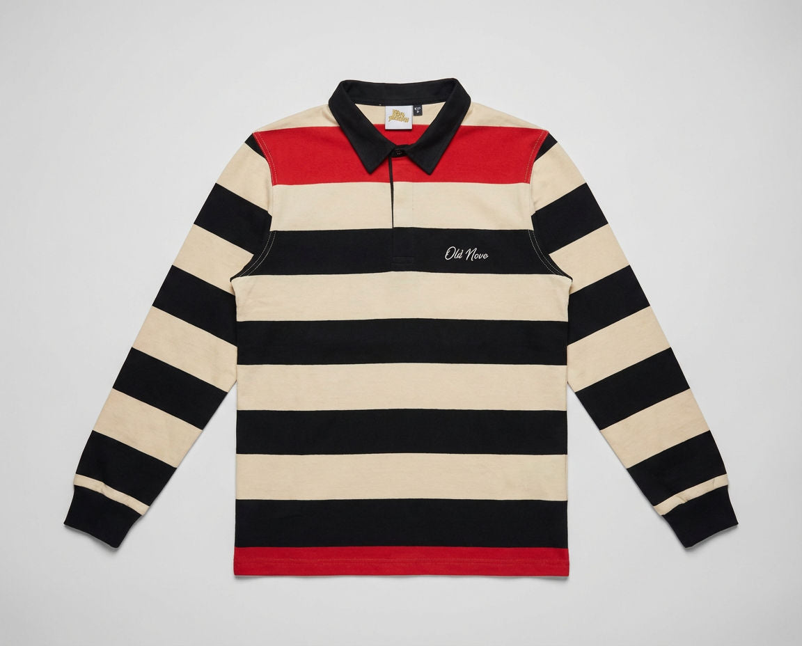 black, crimson and cream striped rugby jersey